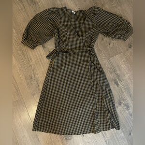 Plaid Wrap Dress with Puff Sleeves